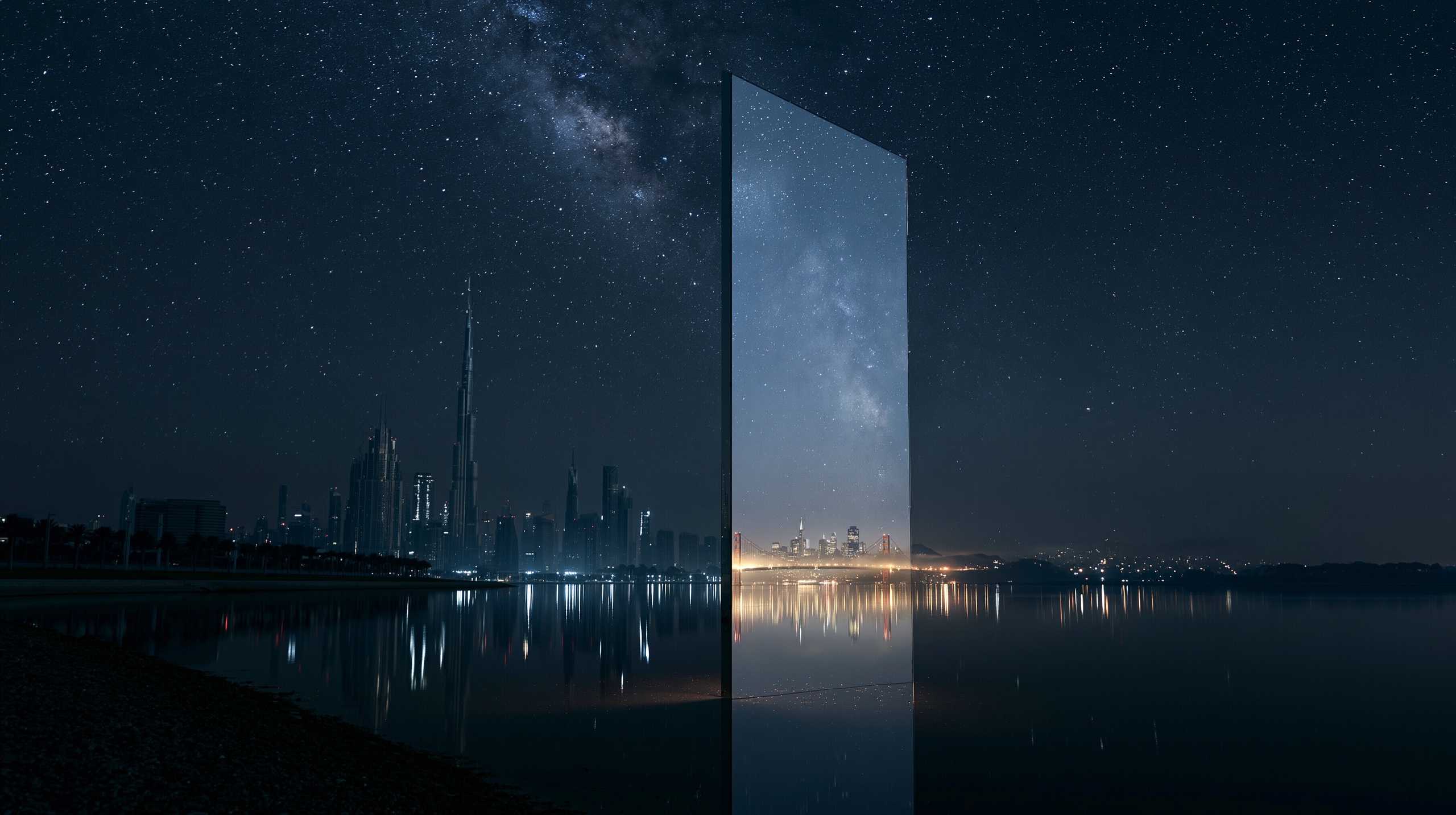 The Dubai skyline at night, a mirror monolith reflecting the city beneath the Milky Way