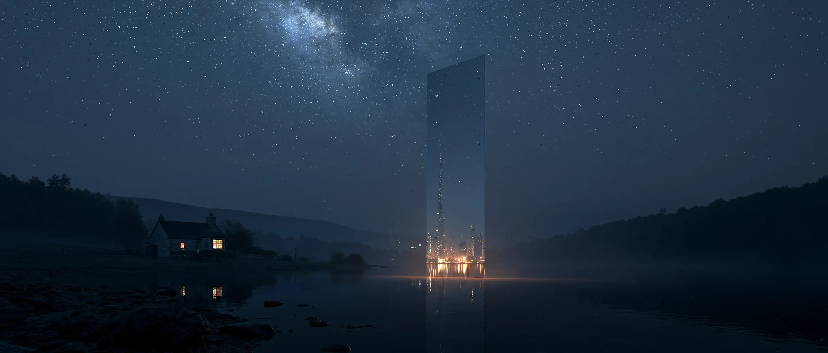 A mirror monolith rises from still water under the Milky Way, with a glowing city at its base and a lone cottage on the far shore
