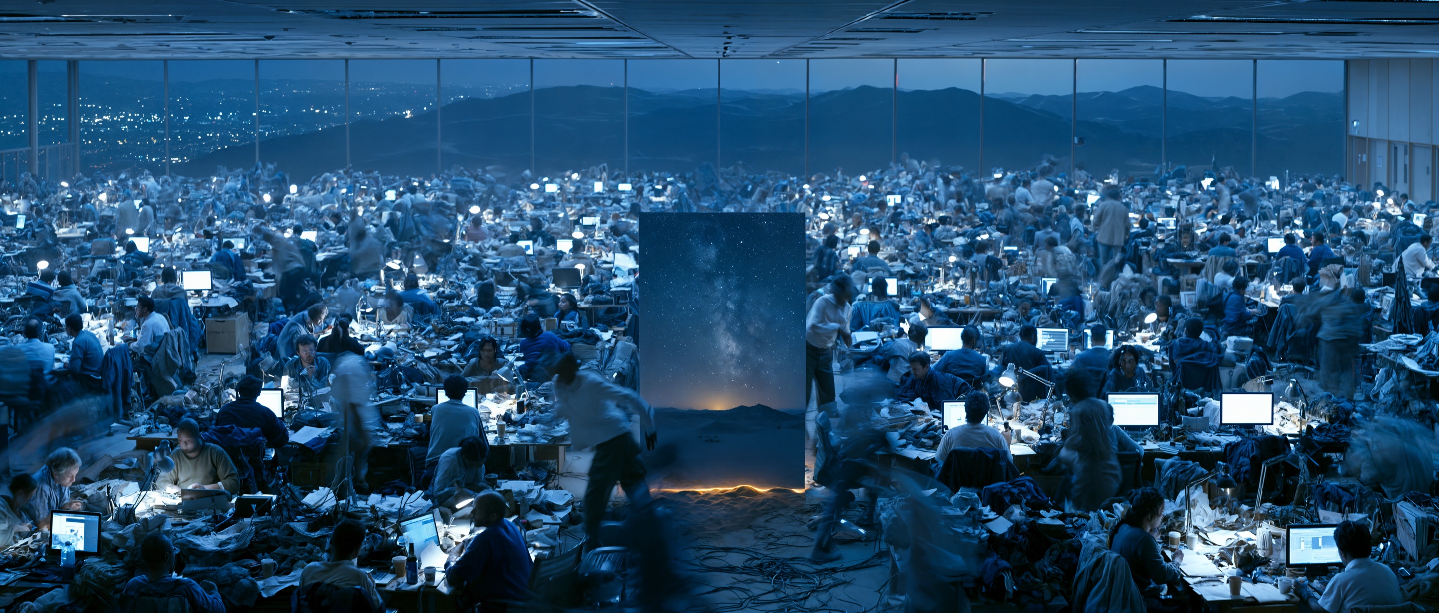 A vast open-plan office crowded with desks and screens at night; in its centre a monolith opens onto a desert sky full of stars