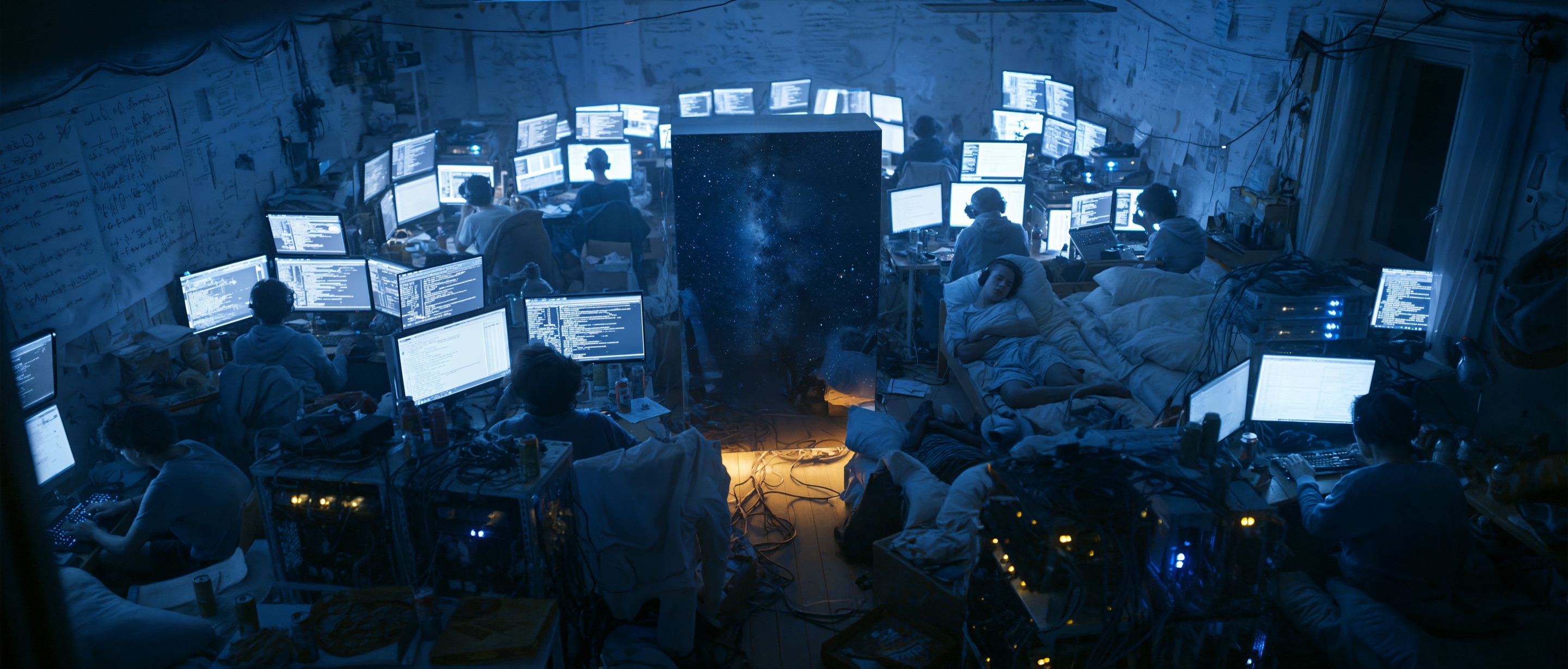 A cramped room of glowing monitors and people at work, a monolith of desert stars standing in the middle