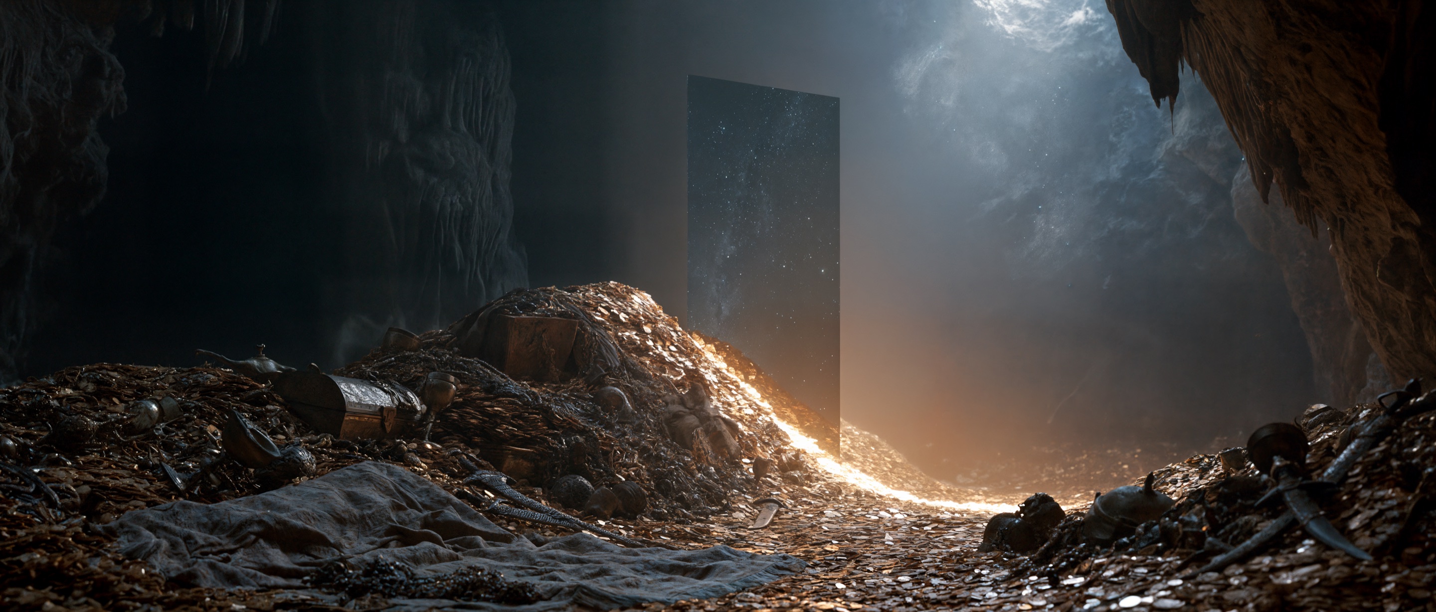 A cave floor of gold coins and old relics; a monolith showing a starry sky stands at its centre, warm light pouring around it